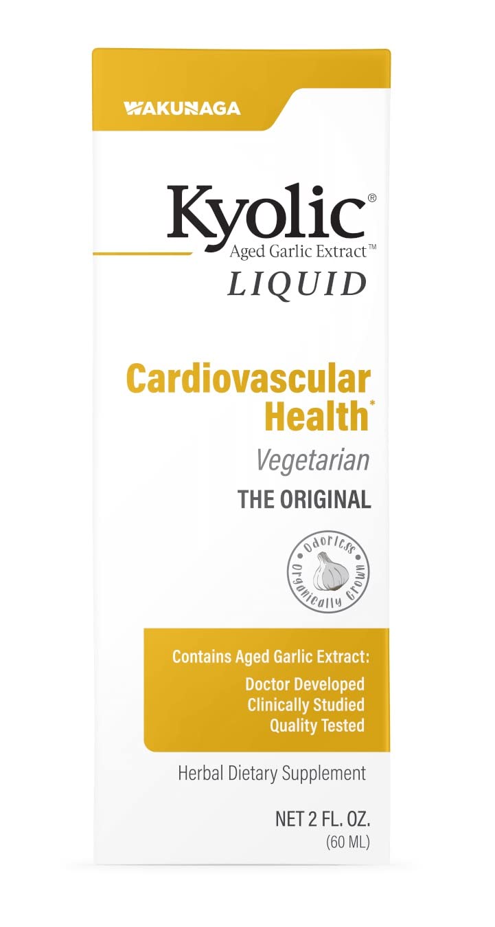 Kyolic Aged Garlic Extract bottle highlighting cardiovascular benefits