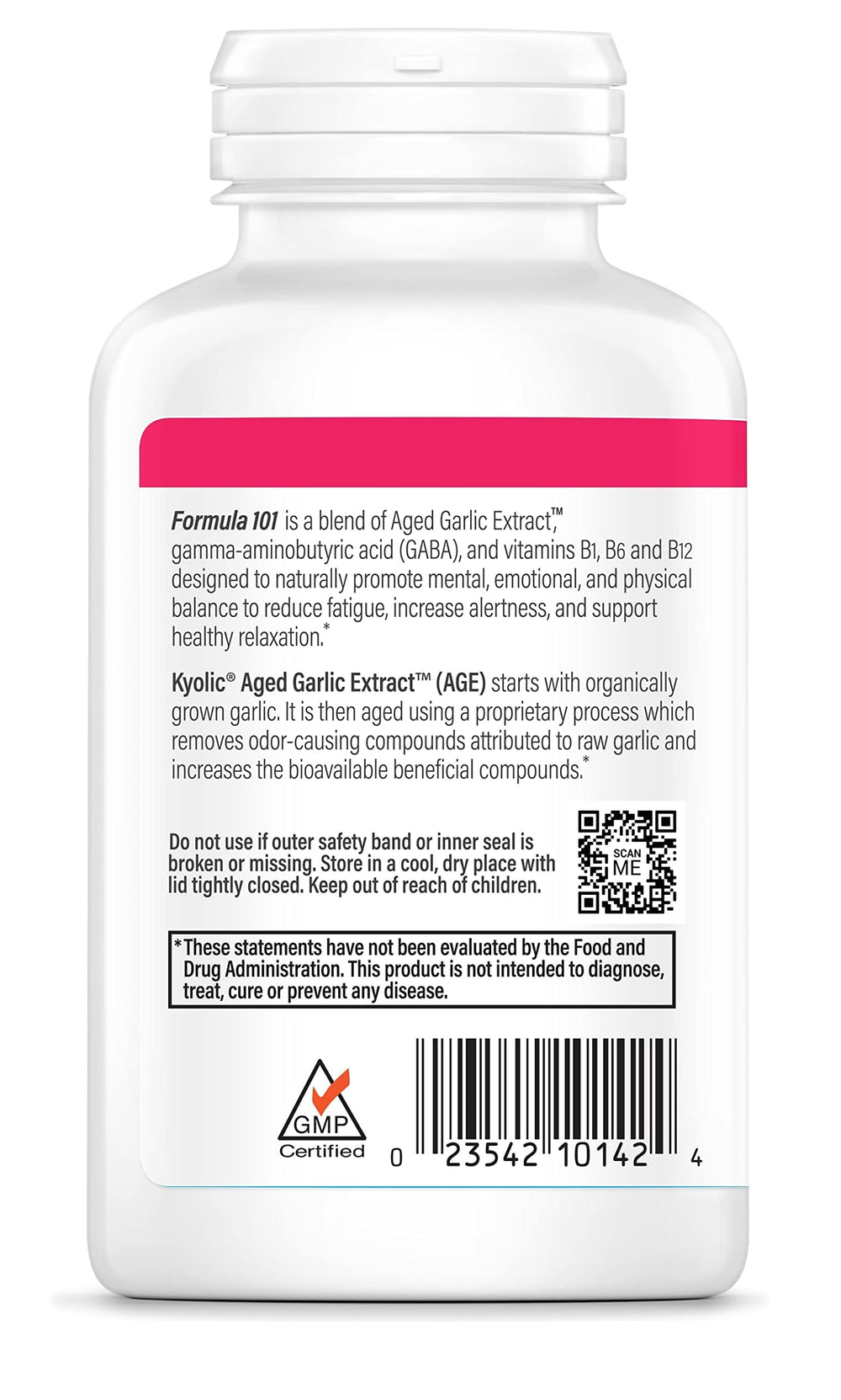 Back label with ingredients and supplement facts for Kyolic Formula 101
