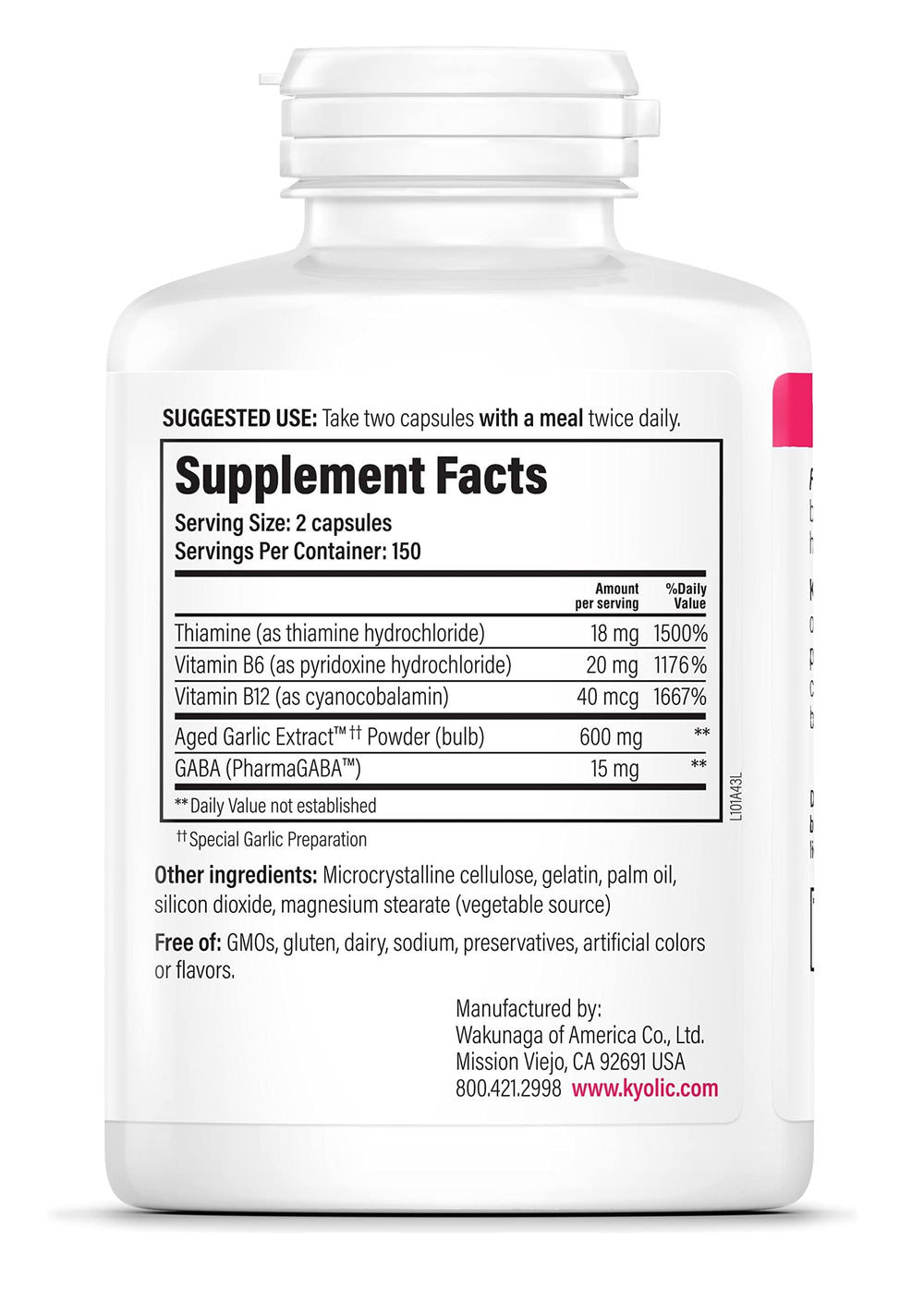 Close-up of Kyolic Formula 101 label, capsules and packaging
