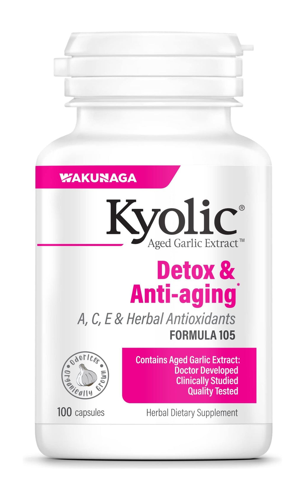 Kyolic Aged Garlic Extract Formula 105 bottle with Detox & Anti-Aging label