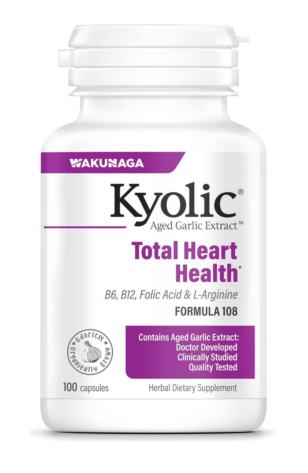 Front view of Kyolic Aged Garlic Extract Formula 108 bottle – Total Heart Health