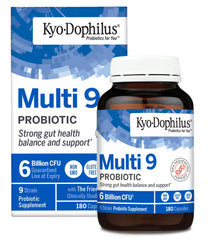 Kyolic Kyo-Dophilus Multi 9 probiotic bottle front promotes gut balance.