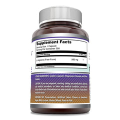 Ingredients panel for L-Arginine 500 mg supplement