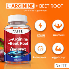 Close-up of beet root and arginine gummies on white background