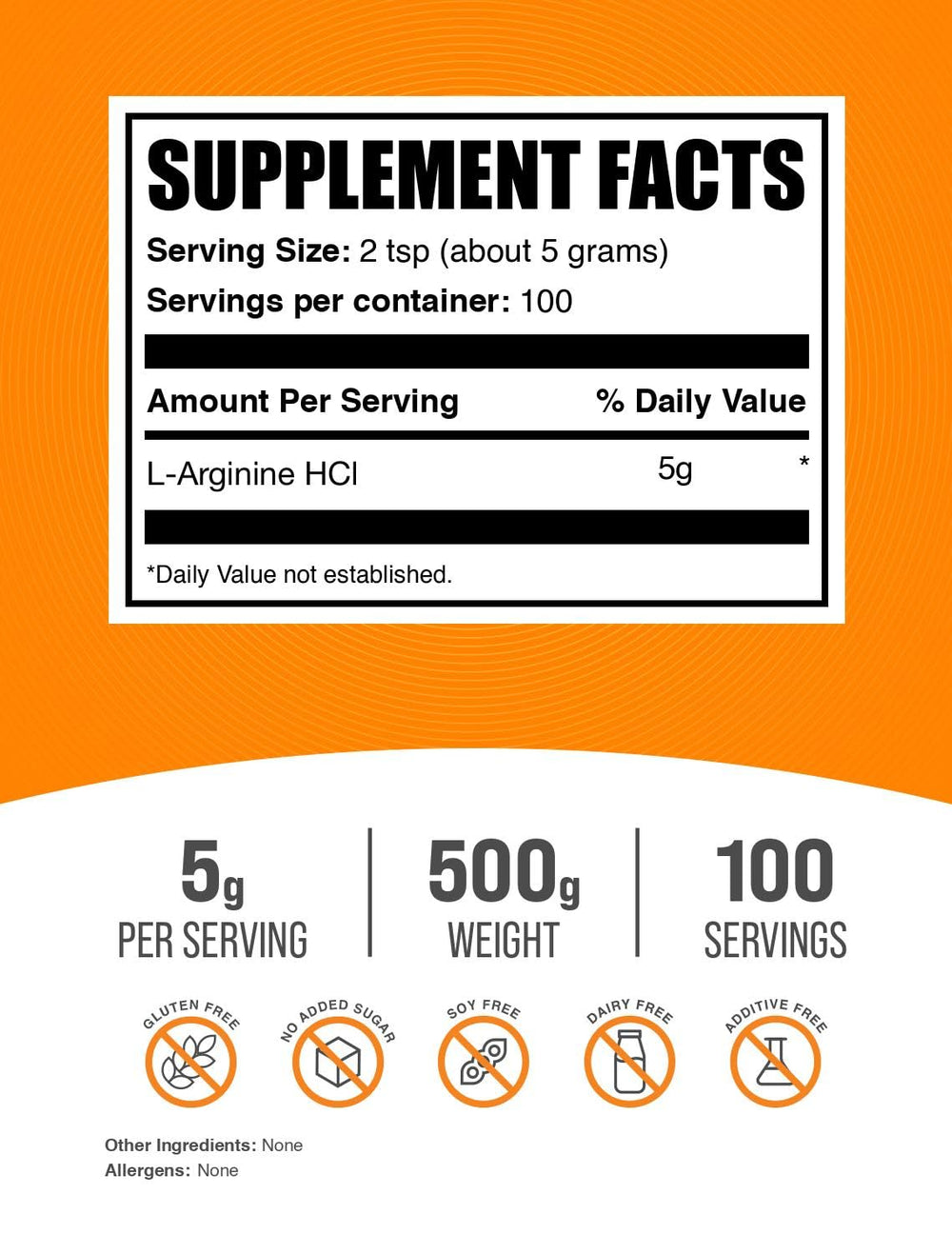 Serving size graphic showing 5 g of L-Arginine HCl