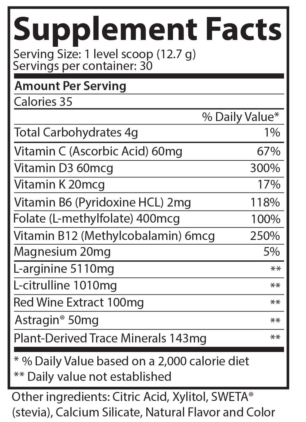 Back label with supplement facts
