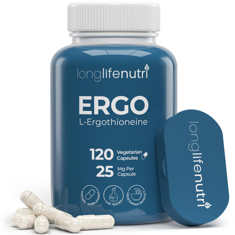 Bottle of L-Ergothioneine 25mg 120 vegetarian capsules in a GMP-certified facility