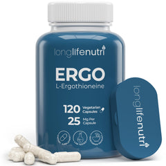 Bottle of L-Ergothioneine 25mg 120 vegetarian capsules in a GMP-certified facility
