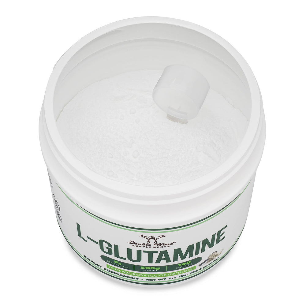 L-Glutamine powder with scoop inside bottle