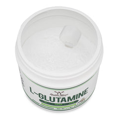 L-Glutamine powder with scoop inside bottle