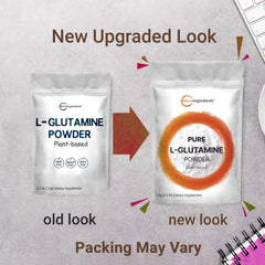 Unflavored L-Glutamine powder in tub, vegan-friendly