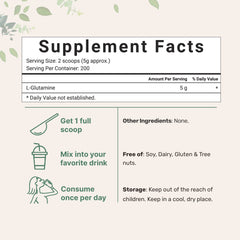 L-Glutamine powder ingredients panel showing no fillers or additives