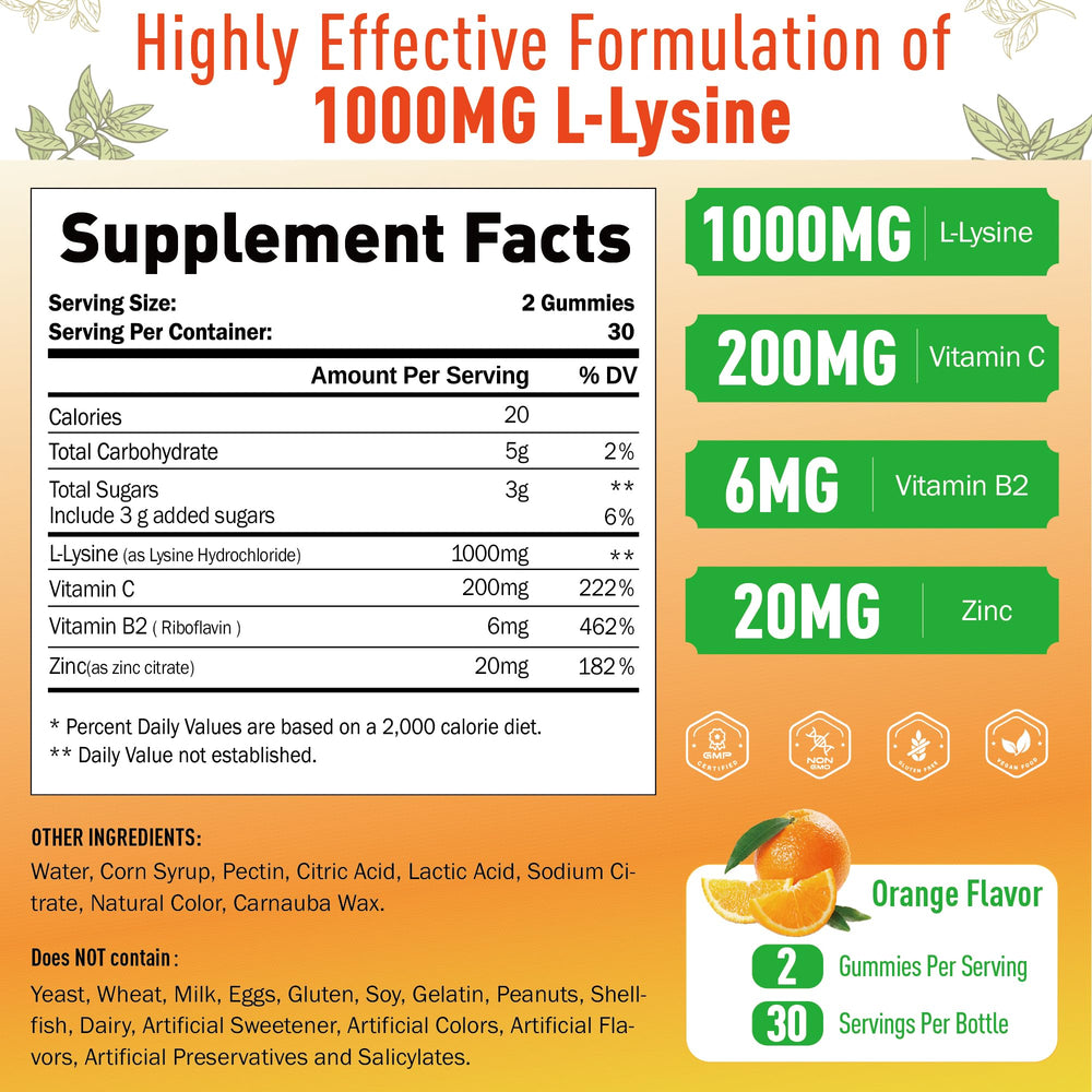 Nutritional ingredients panel for L-Lysine Gummies