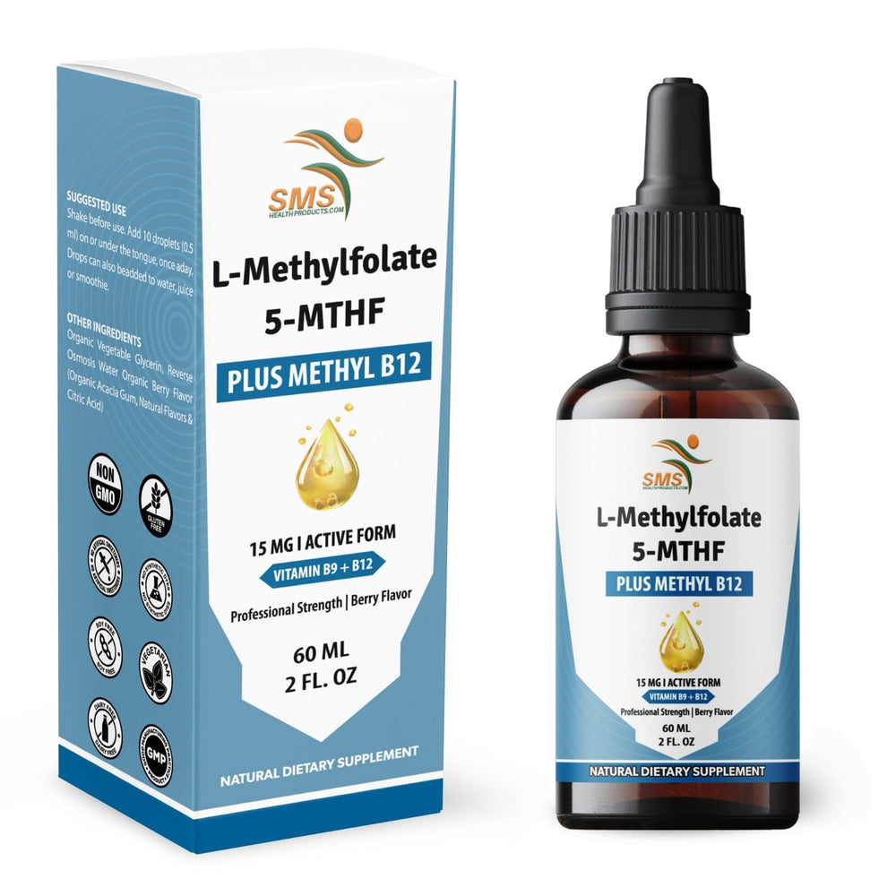 Bottle of L-Methylfolate 15mg + Methyl B12 Liquid Drops with berry flavor