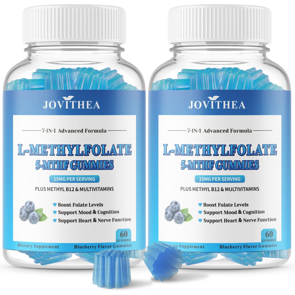 Front view of the two-bottle package of L-Methylfolate 15mg gummies with Methyl B12