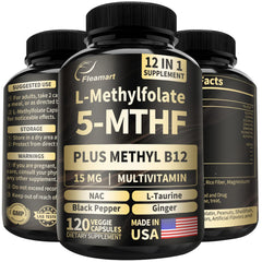 Bottle of L Methylfolate 15mg + Methyl B12 (5-MTHF) vegan capsules