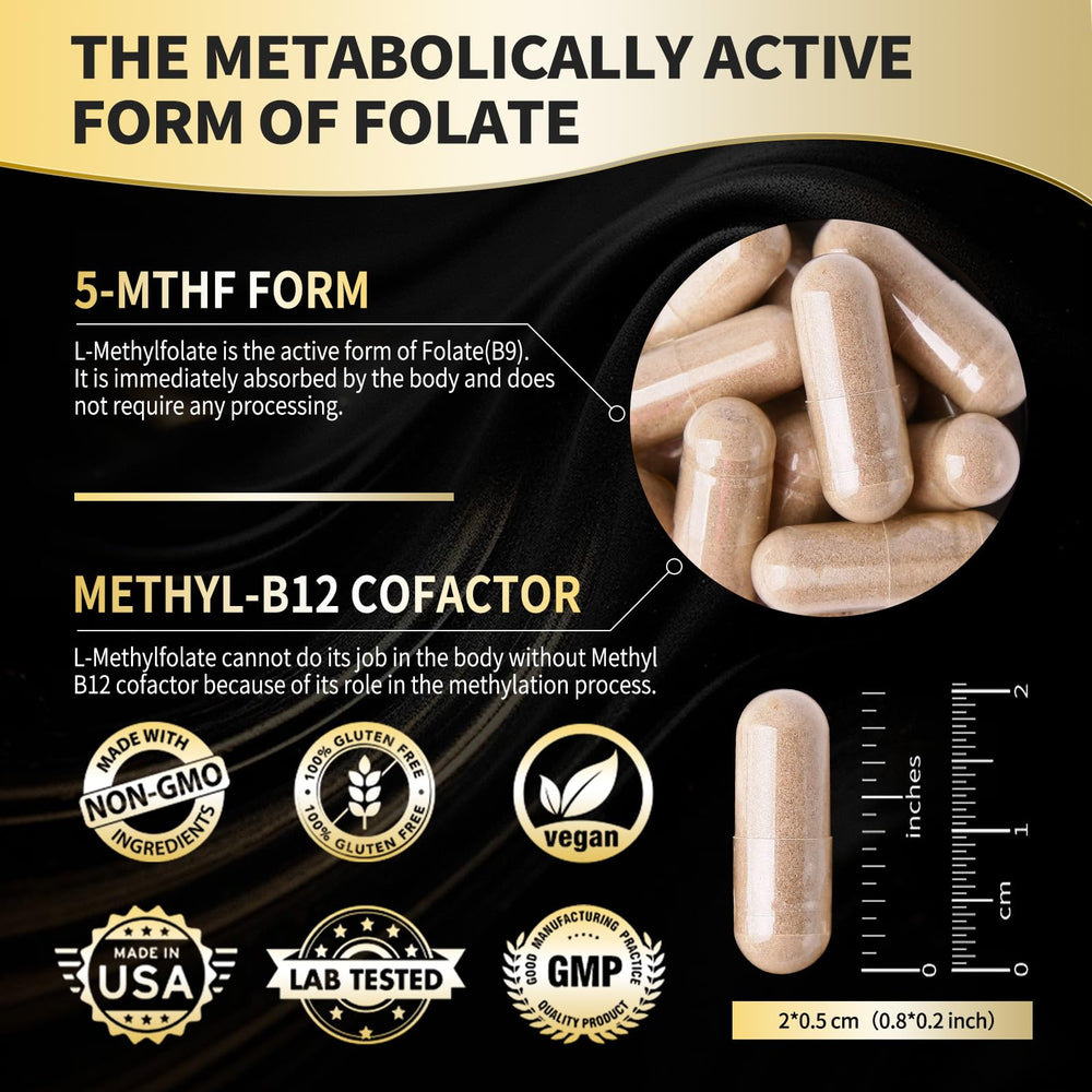 Close-up of L-Methylfolate 15mg and Methyl B12 capsules