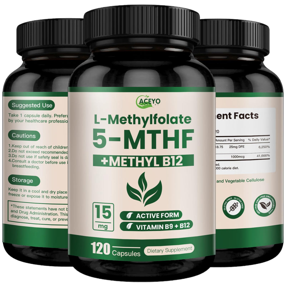 Bottle of ACEYO L-Methylfolate 15mg supplement, 120 capsules