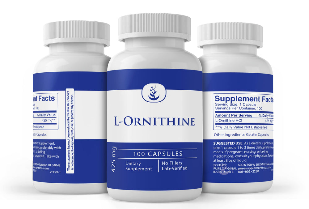 L-Ornithine capsules spilled from bottle