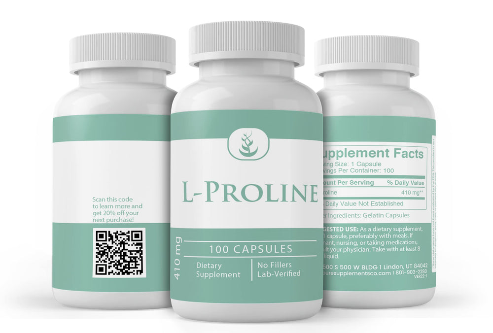 L-Proline product label indicating no additives or fillers