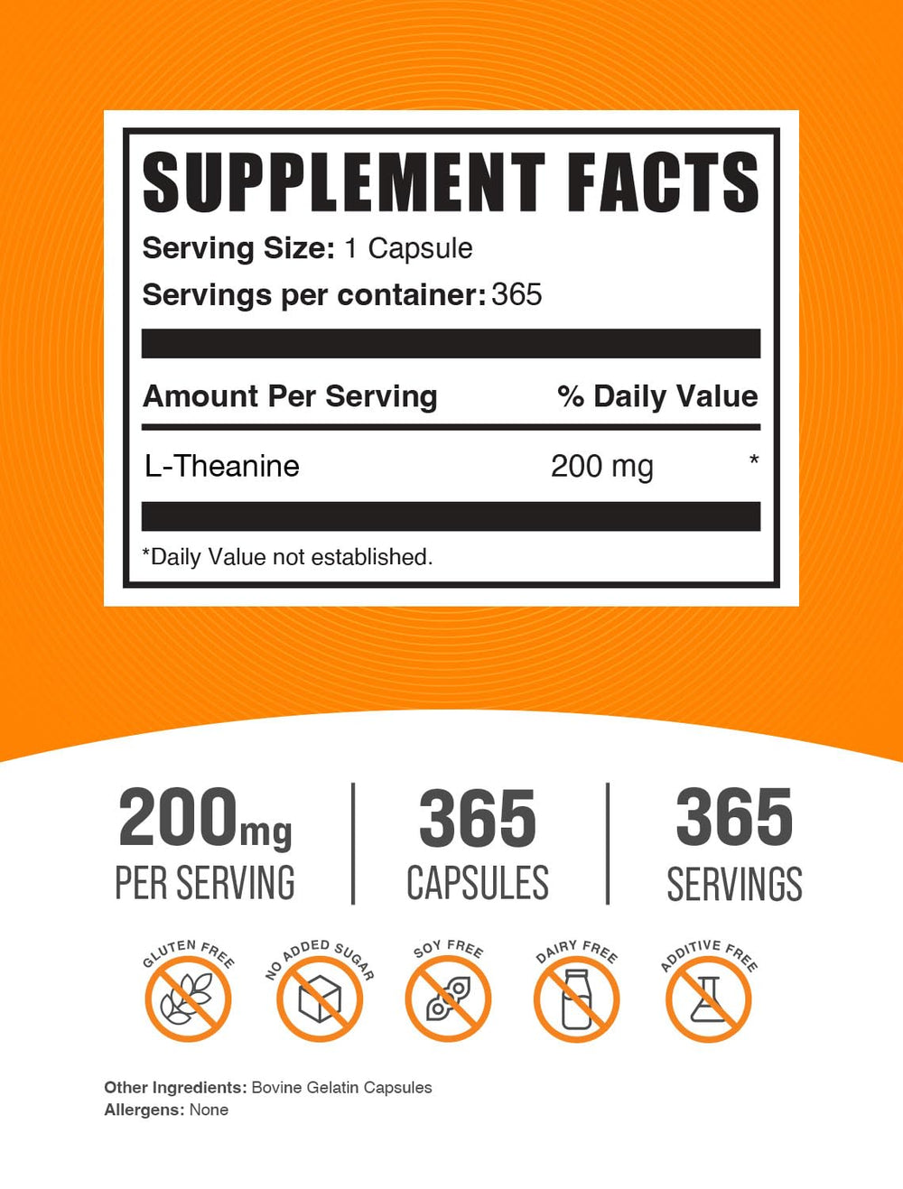 L-Theanine capsules showing 200mg per serving (1 capsule)