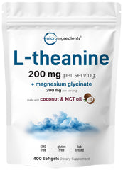 Front view of L-Theanine 200mg with Magnesium Glycinate softgels in coconut oil bottle – 400-count