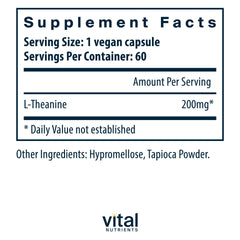 Close-up of L-Theanine 200mg vegan formula label