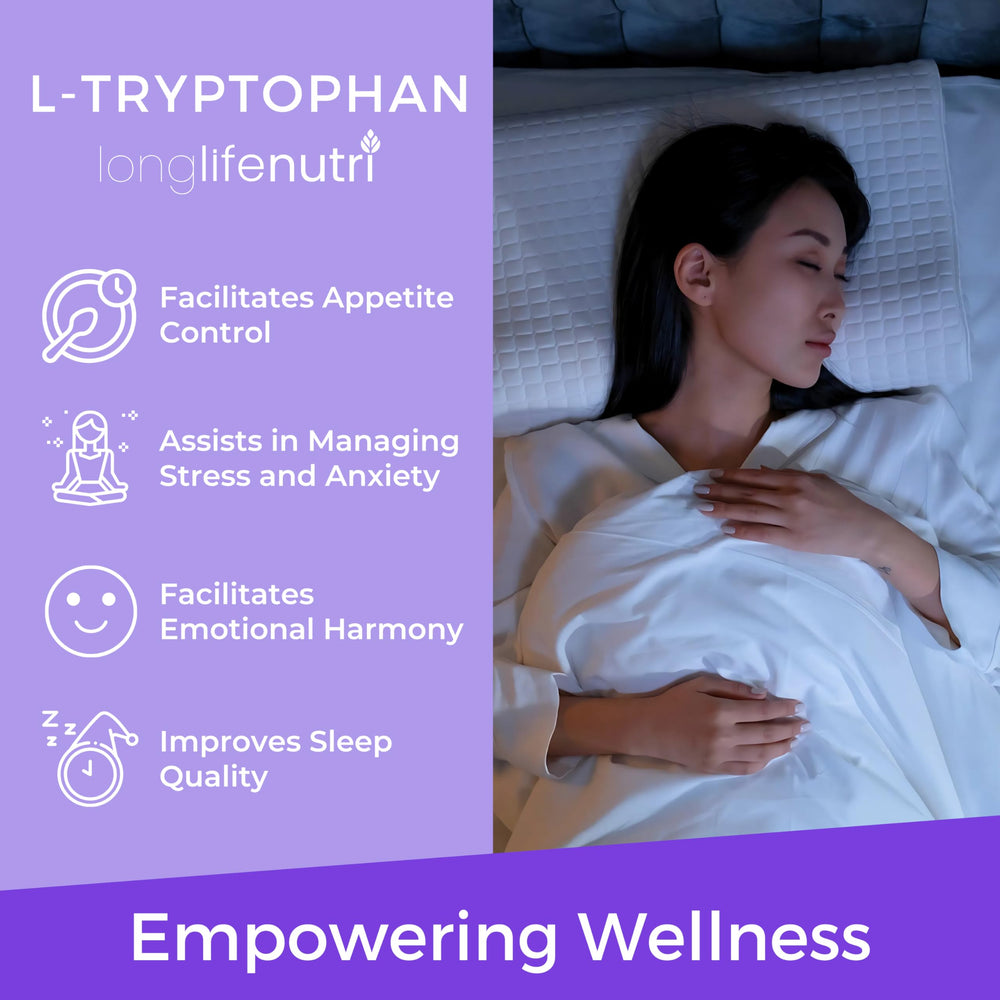 L-Tryptophan bottle on nightstand with soft lighting