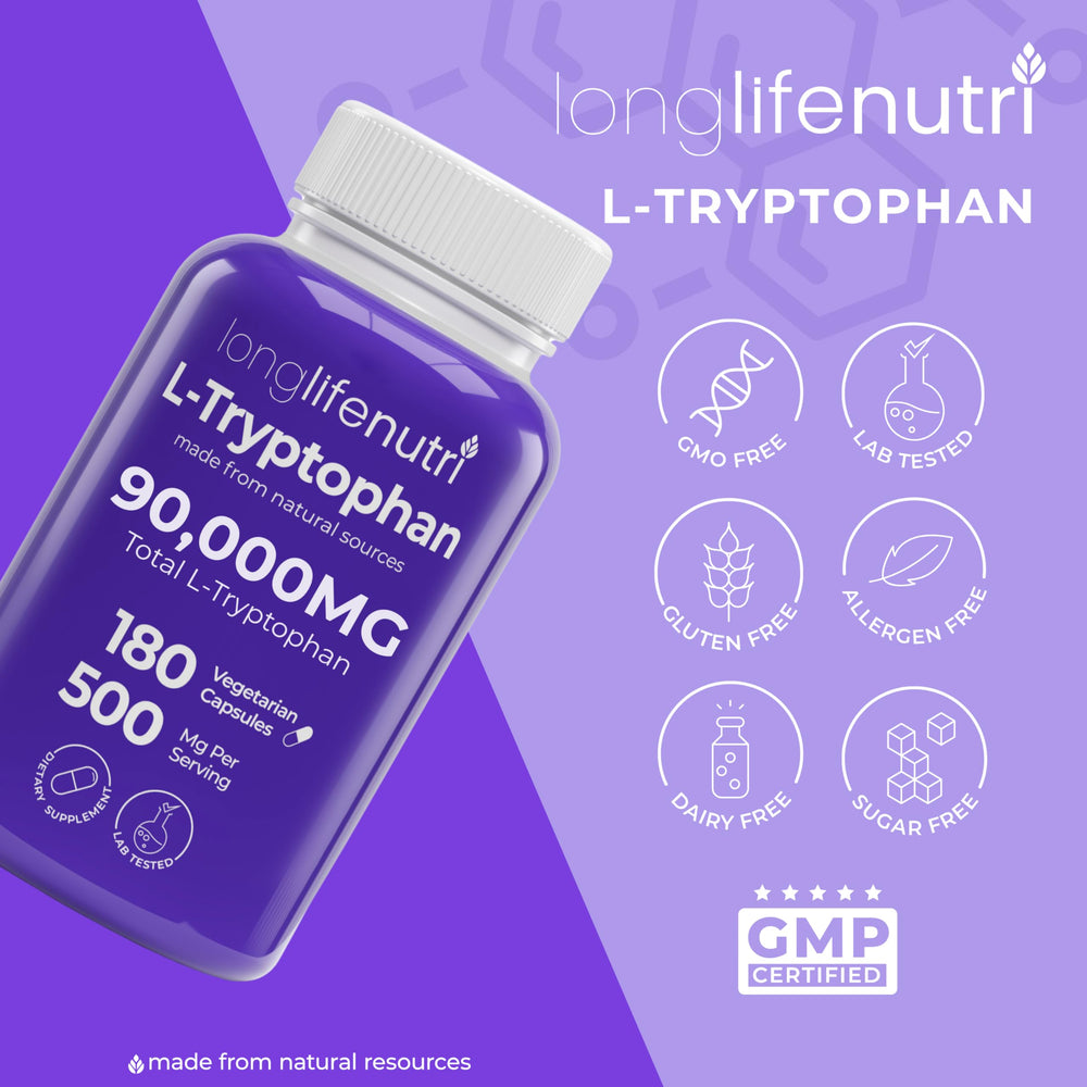 6-month supply packaging for L-Tryptophan 500mg