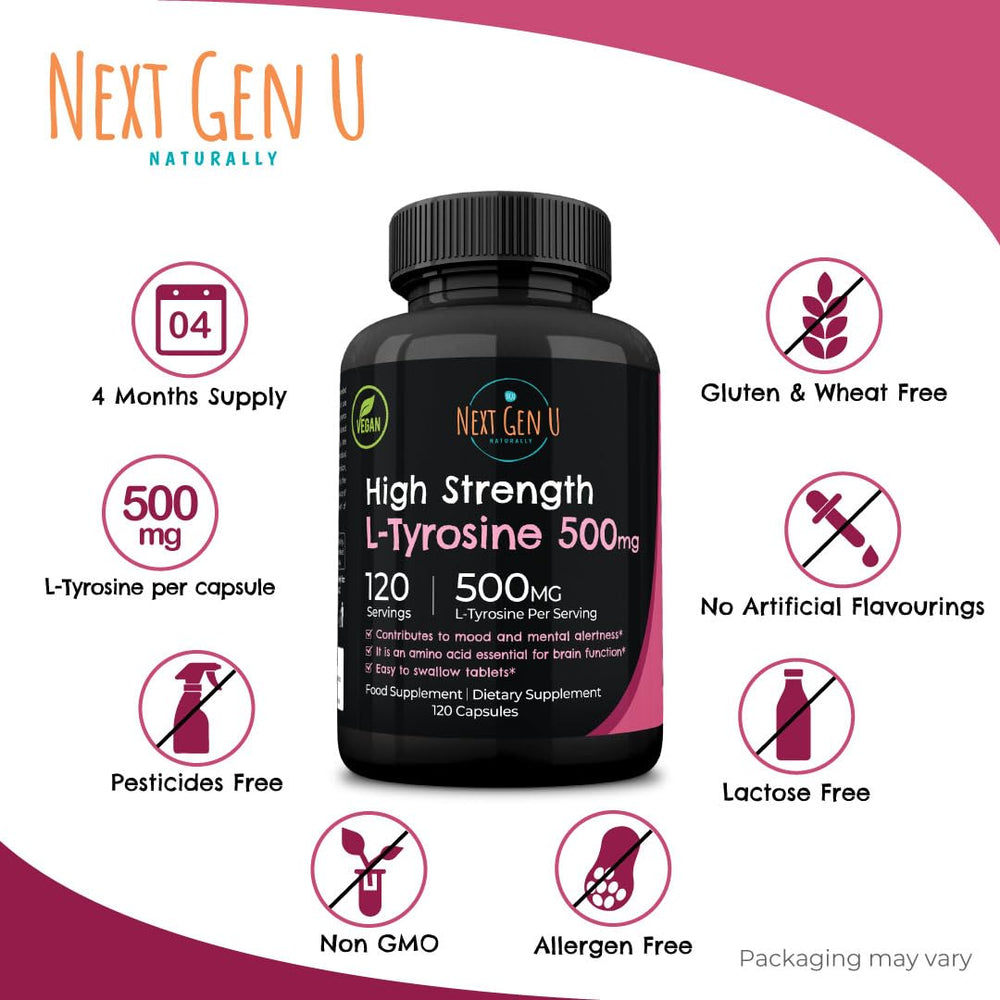 L-Tyrosine 500 mg vegan capsules – back view with supplement facts
