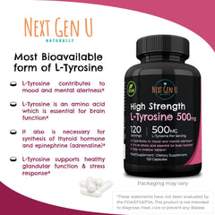 Close-up of L-Tyrosine 500 mg capsules