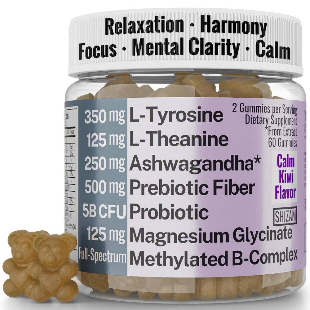 Two gummies pack featuring L-Tyrosine, L-Theanine, methylated B complex, magnesium glycinate and prebiotic fiber.