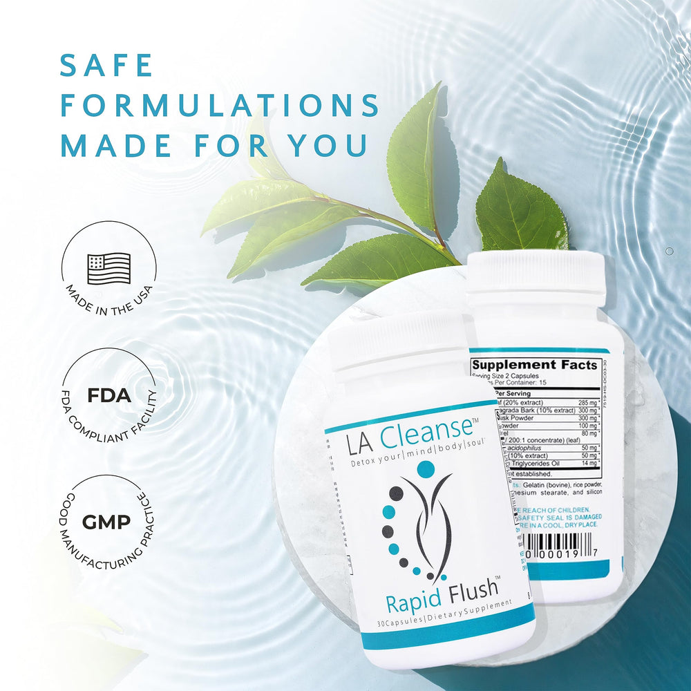 LA Cleanse senna-leaf label closeup signals herbal support for gut movement.