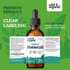 Close-up of bottle label and dropper for horsetail extract