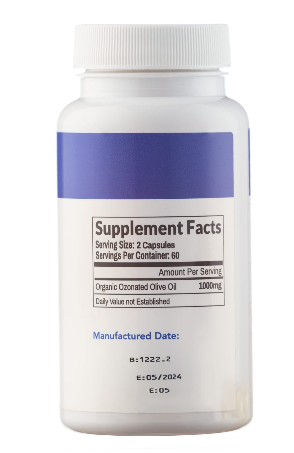 Label on Pure Organic Ozonated Olive Oil Capsules bottle