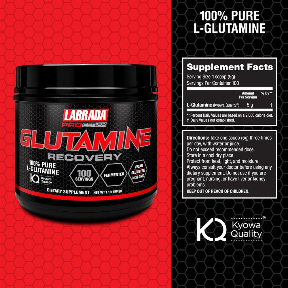 Close-up of Labrada Glutamine Recovery label and powder texture