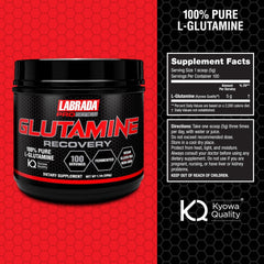 Close-up of Labrada Glutamine Recovery label and powder texture