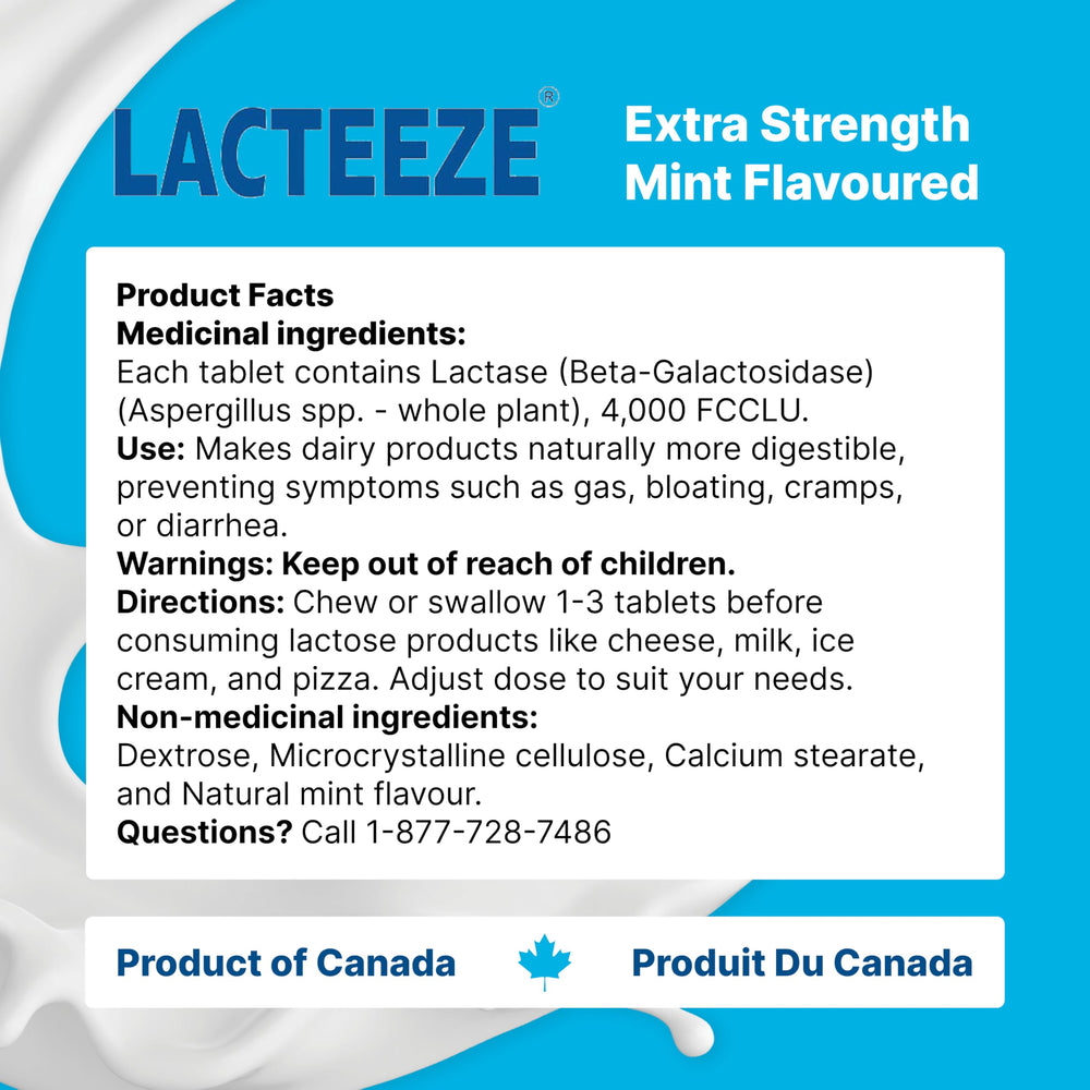 Nutrition facts panel on Lacteeze packaging