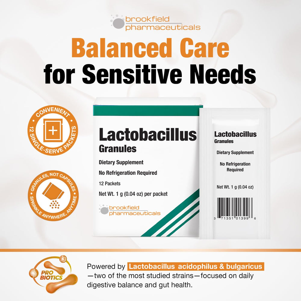 Close-up of Lactobacillus acidophilus and bulgaricus probiotic powder packets