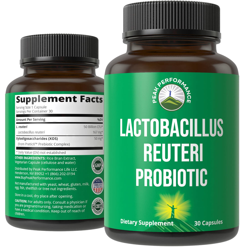 Label showing Lactobacillus Reuteri 50B CFU probiotic with PreticX XOS