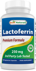 Front view of Best Naturals Lactoferrin 250 mg veggie capsule bottle