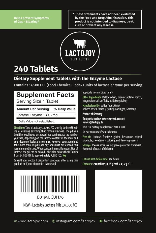 Label showing 14,500 FCC dosage on LactoJoy pills