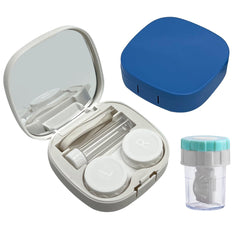 Dual-pack blue and white square contact lens cases with cleaner washer