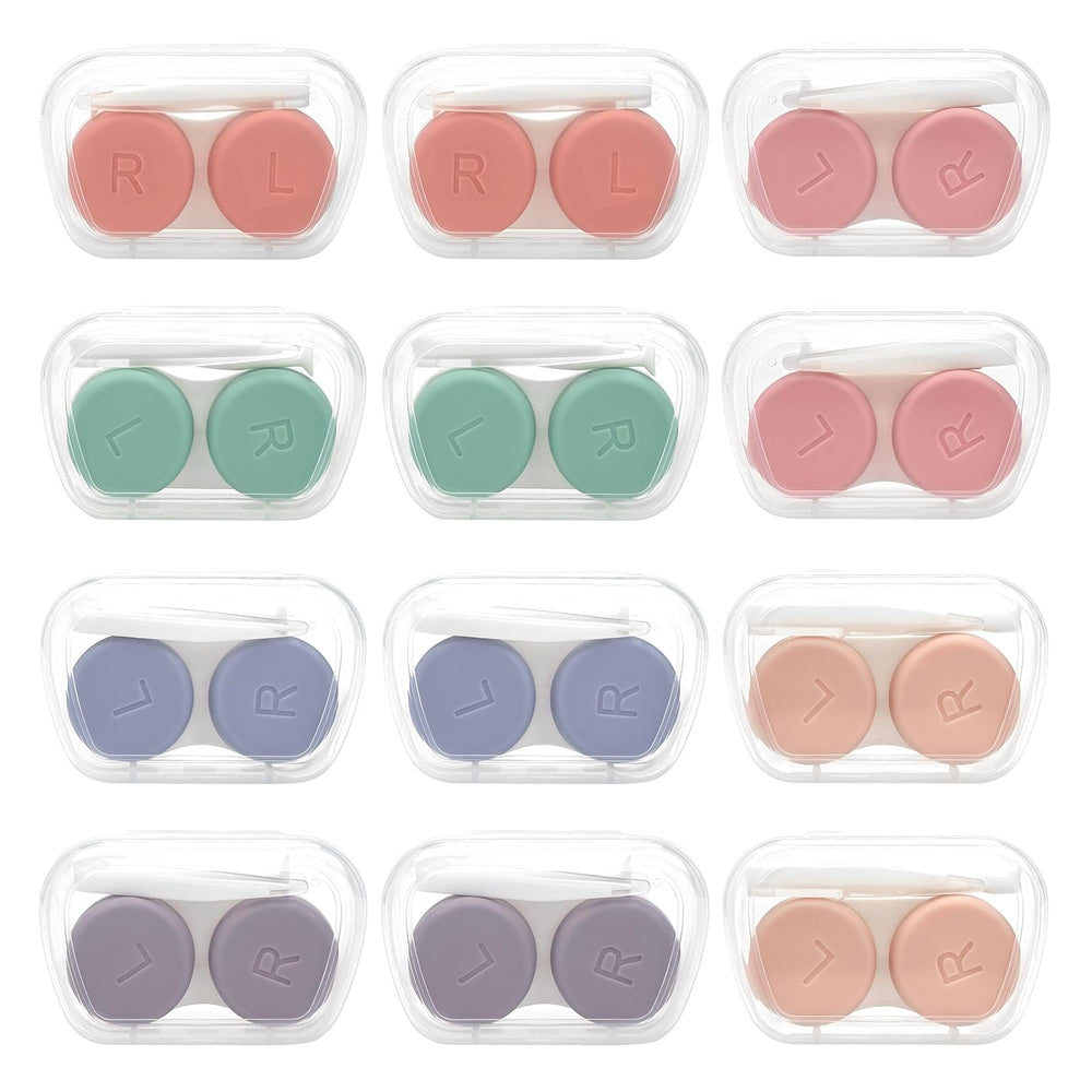 12-pack set of colorful LADYPONYCSC contact lens cases in pink, blue, mint, coral, lavender, and beige