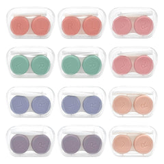 12-pack set of colorful LADYPONYCSC contact lens cases in pink, blue, mint, coral, lavender, and beige