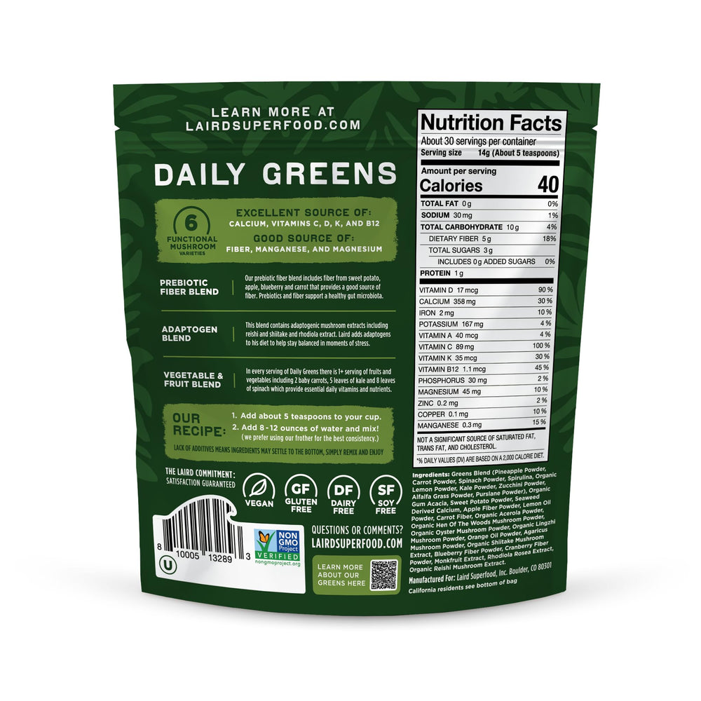Ingredients list for Laird Prebiotic Daily Greens Powder