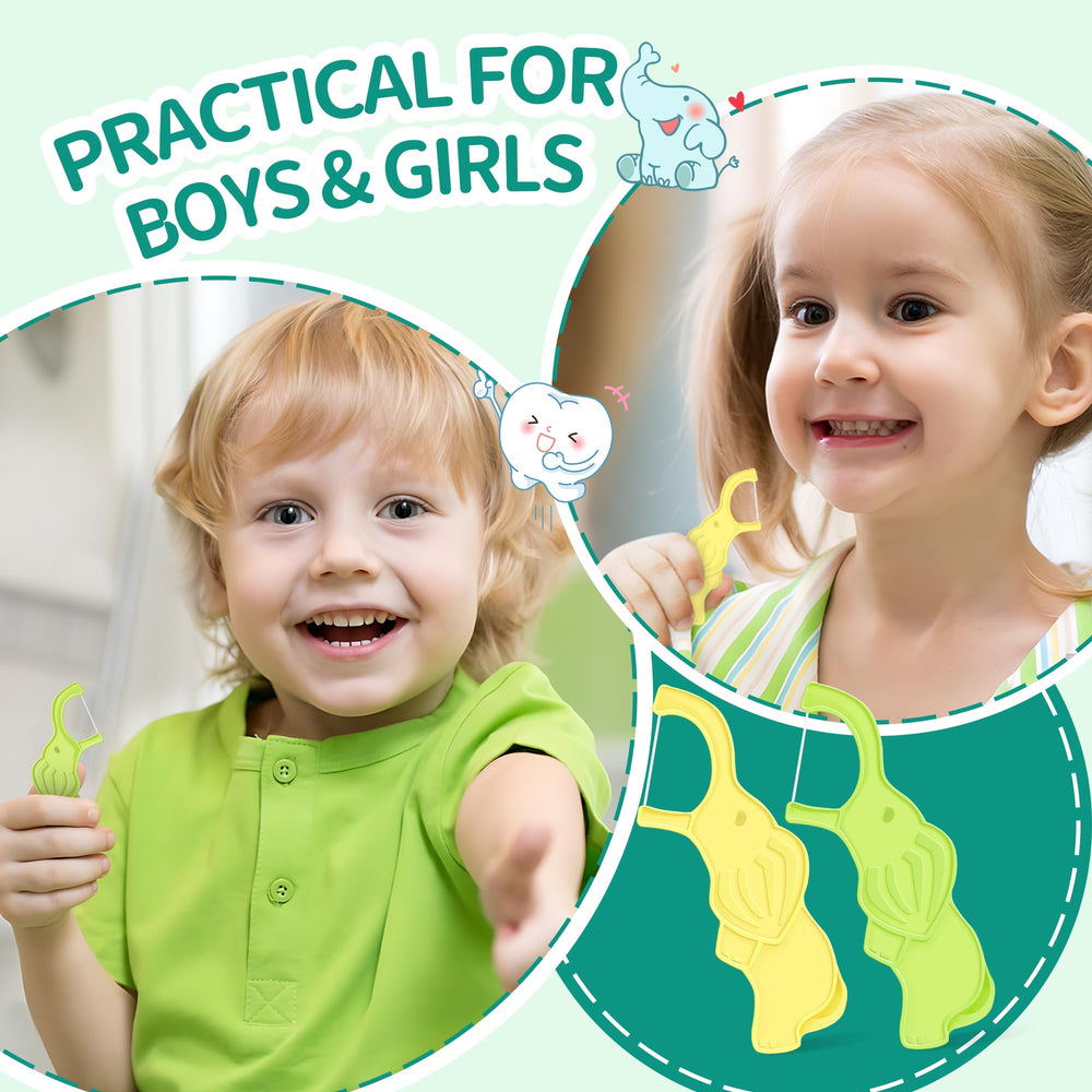 Assorted mint-colored elephant floss picks for kids