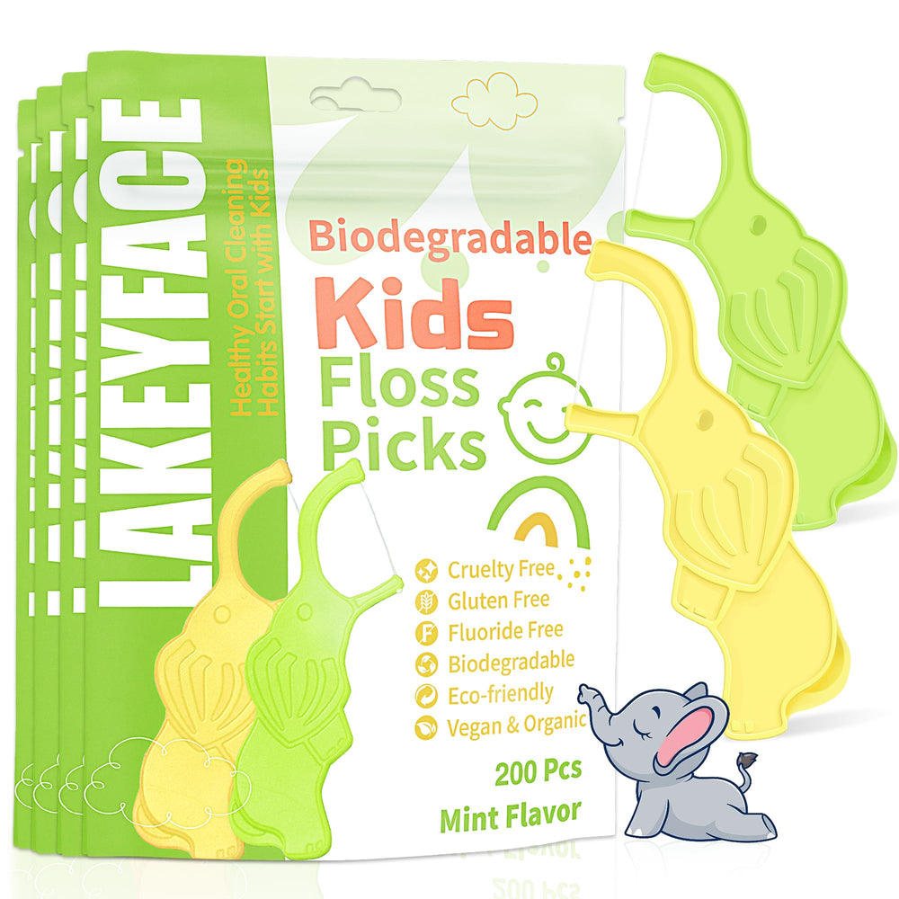 Close-up of Lakeyface biodegradable kids flossers featuring elephant design in mint color