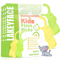 Close-up of Lakeyface biodegradable kids flossers featuring elephant design in mint color