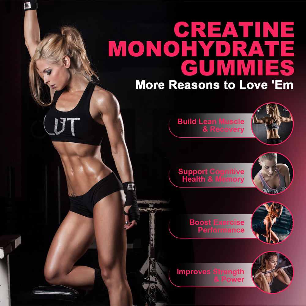 LanranBee Creatine for Women Gummies strawberry flavor on display for an appealing pre-workout option.